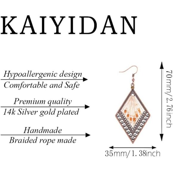 Diamond Shaped Brown Gold Boho Dangle Statement Vintage Dainty Earring for Women - Picture 3 of 9